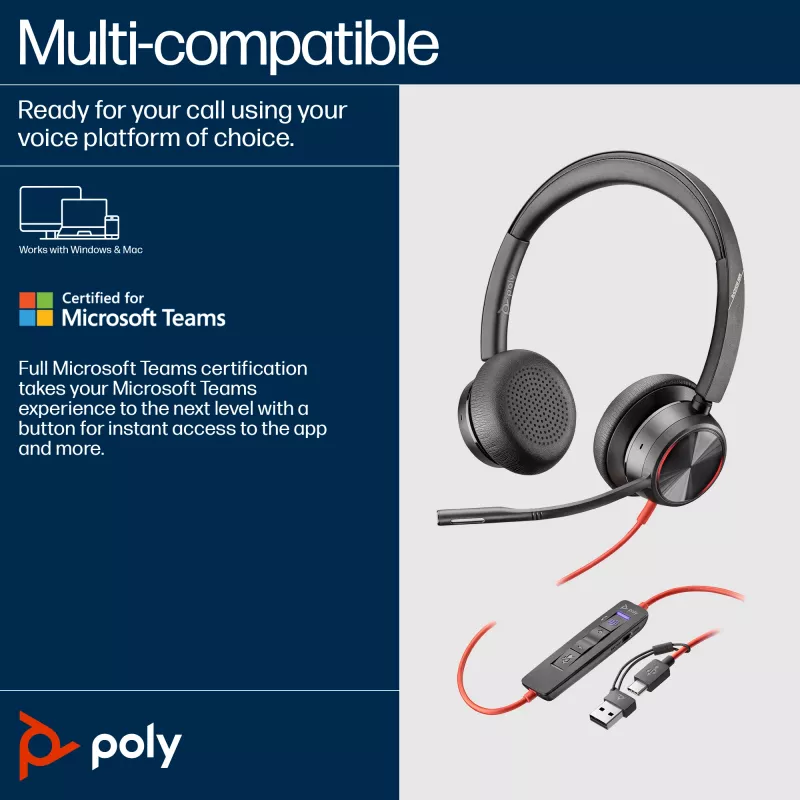 HP Poly Blackwire 8225 Stereo Microsoft Teams πιστοποιημένο USB-C Headset + προσαρμογέας USB-C/A