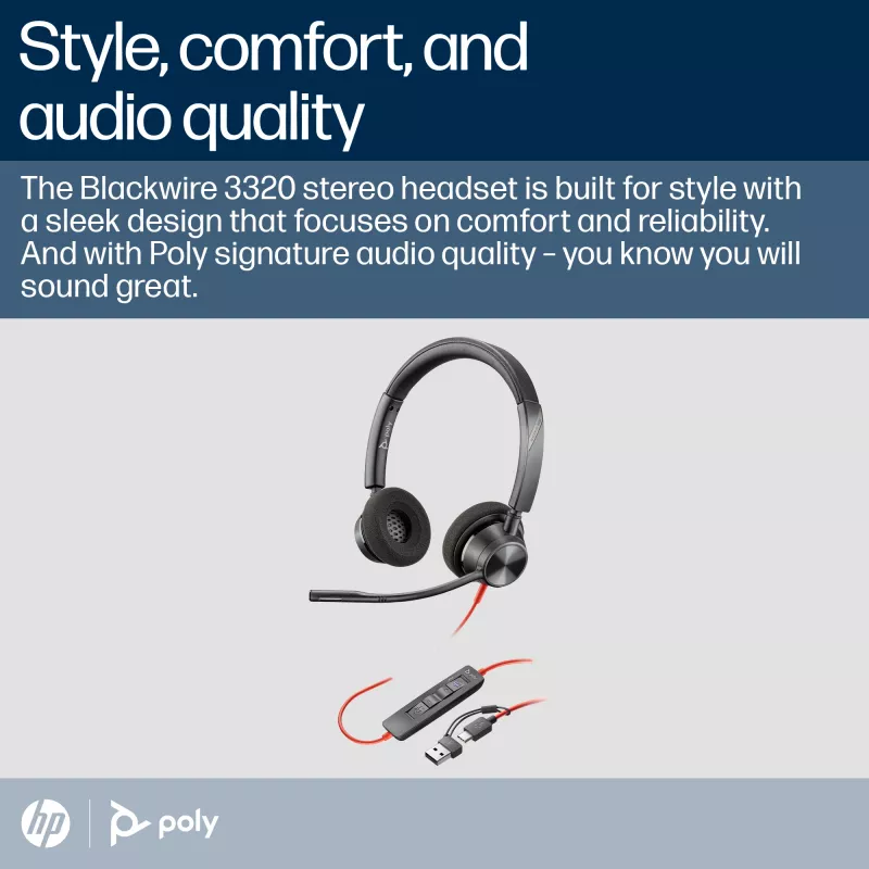 HP Poly Blackwire 3320 Stereo Microsoft Teams Certified USB-C Headset +προσαρμογέας USB-C/A