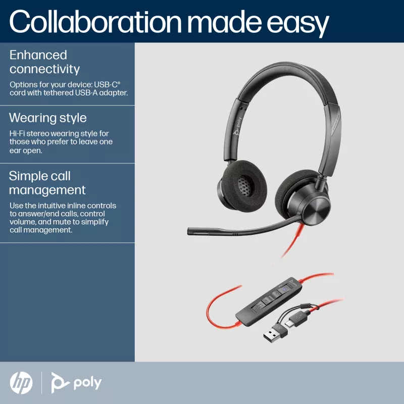 HP Poly Blackwire 3320 Stereo Microsoft Teams Certified USB-C Headset +προσαρμογέας USB-C/A