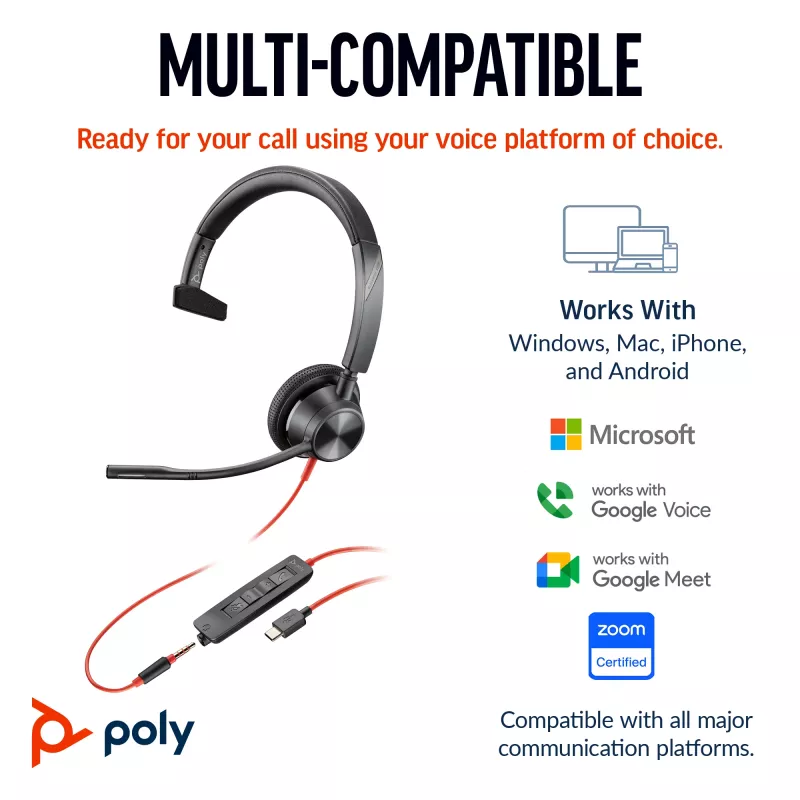 HP Poly Blackwire 3315 Mono USB-C Headset +βύσμα 3,5 mm + προσαρμογέας USB-C/A