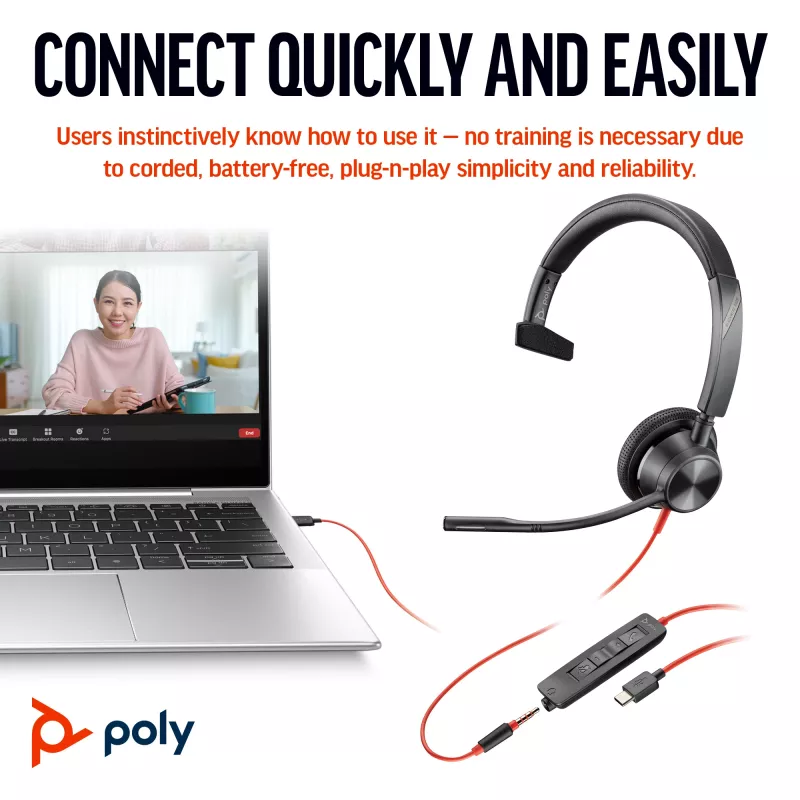 HP Poly Blackwire 3315 Mono USB-C Headset +βύσμα 3,5 mm + προσαρμογέας USB-C/A
