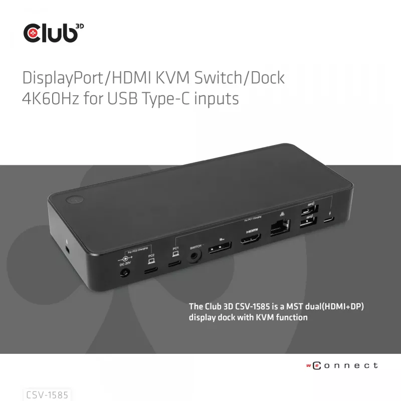 CLUB3D DisplayPort/HDMI KVM Switch/Dock 4K60Hz για εισόδους USB Type-C