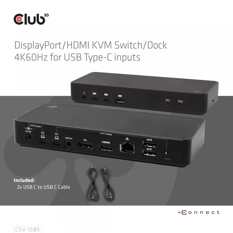 CLUB3D DisplayPort/HDMI KVM Switch/Dock 4K60Hz για εισόδους USB Type-C