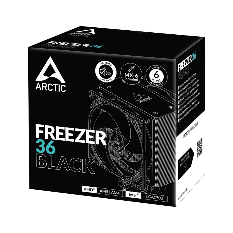 ARCTIC Freezer 36 (μαύρο) πολυσυμβατή ψύκτρα CPU Tower, ψύκτρα αέρα, 12 cm, 200 U/min, 1800 U/min, μαύρο