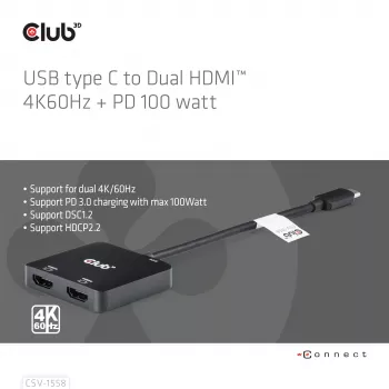 CLUB3D Hub USB-C® σε Dual HDMI™ 4K60Hz M/F+PD3.0 100 W