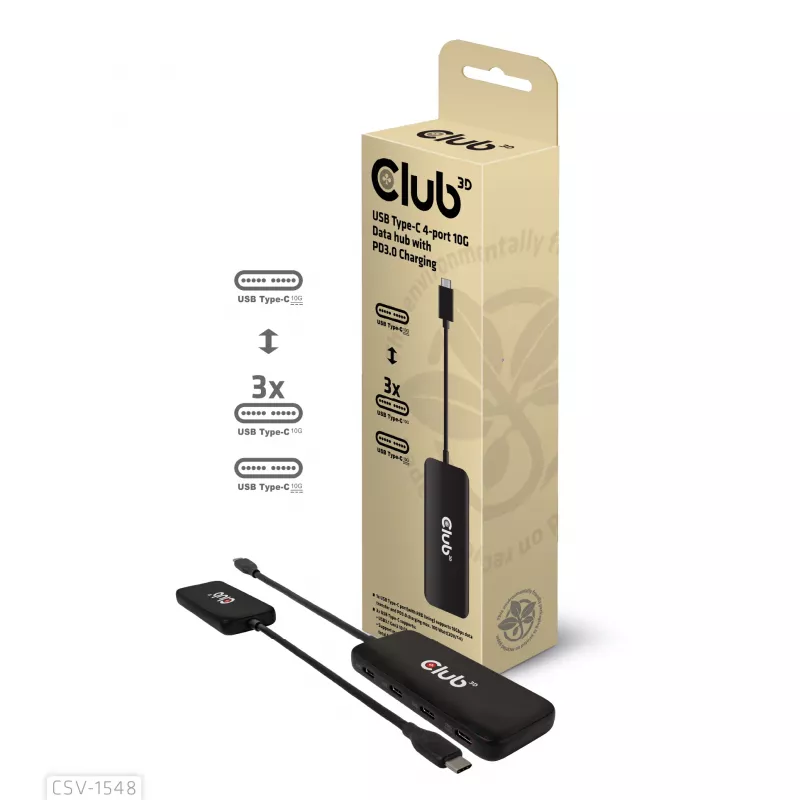 Club3D CSV-1548 USB-C hub, 4x USB-C 10 Gbps, 100W PD, μαύρο
