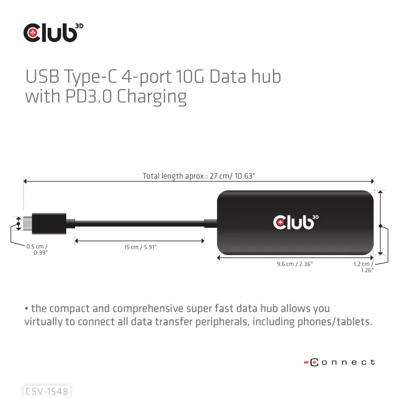 Club3D CSV-1548 USB-C hub, 4x USB-C 10 Gbps, 100W PD, μαύρο
