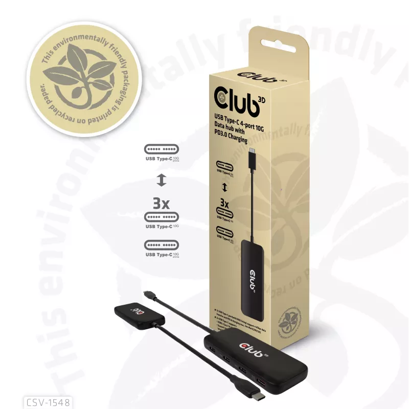 Club3D CSV-1548 USB-C hub, 4x USB-C 10 Gbps, 100W PD, μαύρο