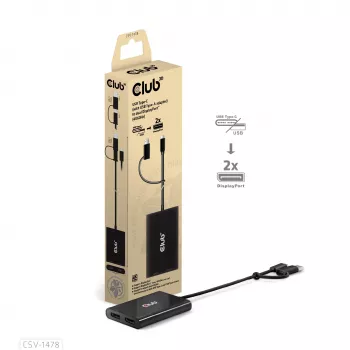 Διαχωριστής βίντεο Club 3D CSV-1478 USB Type-C (με αντάπτορα USB-A) σε dual DisplayPort 4K60Hz, Μαύρο