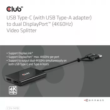 Διαχωριστής βίντεο Club 3D CSV-1478 USB Type-C (με αντάπτορα USB-A) σε dual DisplayPort 4K60Hz, Μαύρο