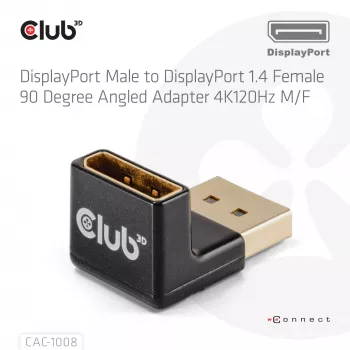 Αντάπτορας club 3D DisplayPort αρσενικό σε DisplayPort 1.4 θηλυκό 90° γωνιακός, υποστηρίζει 4K@120Hz