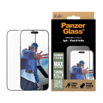 PanzerGlass® μεμβράνη προστασίας οθόνης αλουμινένιο πλαίσιο iPhone 16 Pro Max | Ultra-Wide Fit