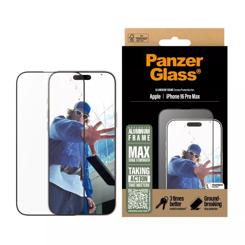 PanzerGlass® μεμβράνη προστασίας οθόνης αλουμινένιο πλαίσιο iPhone 16 Pro Max | Ultra-Wide Fit