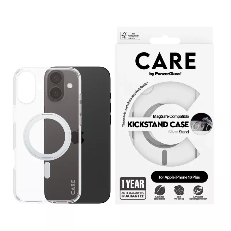 PanzerGlass CARE™ by ® διαφανής θήκη με ασημί Kickstand & MagSafe iPhone 16 Plus