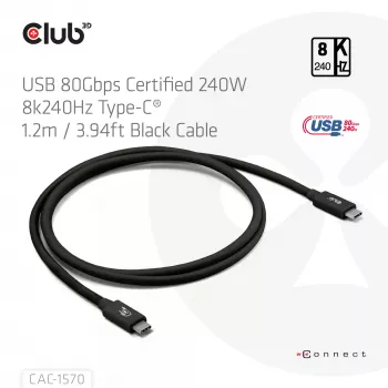 Καλώδιο USB Type-C CLUB3D CAC-1570 1,2m — 80Gbps, 240W, υποστηρίζει 8K@240Hz, μαύρο