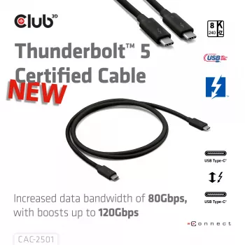 CLUB3D Thunderbolt™ 5 πιστοποιημένο καλώδιο 8K240Hz Δεδομένα 80/120 Gbps EPR 240 Watt M/M 1m / 3,28ft