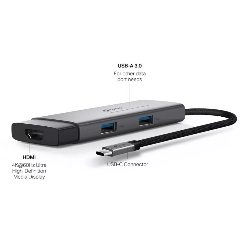 TP-Link UH5020C hub USB-C 5 θυρών, HDMI 4K@60Hz, 100 W Power Delivery, 1x USB-C, 2x USB-A, 5 Gbps, αλουμίνιο, γκρι