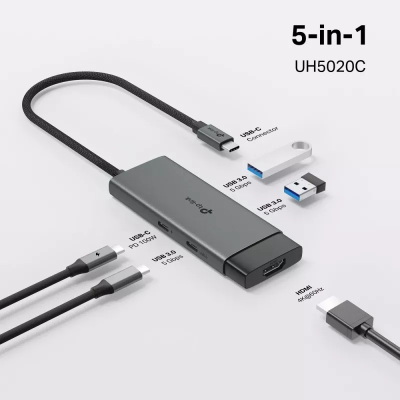 TP-Link UH5020C hub USB-C 5 θυρών, HDMI 4K@60Hz, 100 W Power Delivery, 1x USB-C, 2x USB-A, 5 Gbps, αλουμίνιο, γκρι