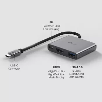 USB Type-C Hub TP-Link UH3020C — 3-Port (HDMI, USB-A, USB-C), 5 Gbit/s, HDMI 4K@60Hz, PD έως 100W, Αλουμίνιο, καλώδιο 0,18 m