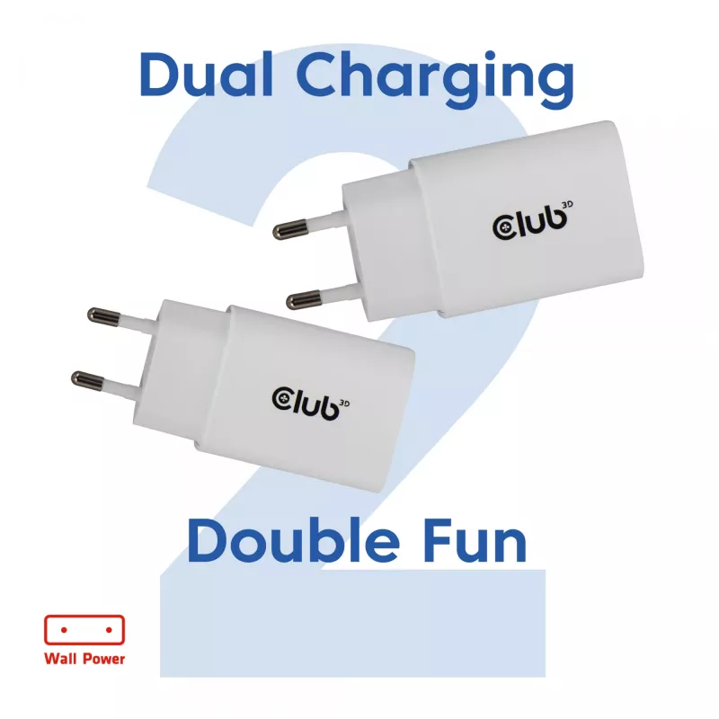 Φορτιστής USB‑C 2 τεμ. CLUB3D CAC-3020, 30 W συνολικά, λευκό