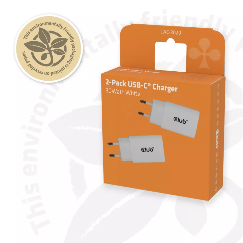 Φορτιστής USB‑C 2 τεμ. CLUB3D CAC-3020, 30 W συνολικά, λευκό