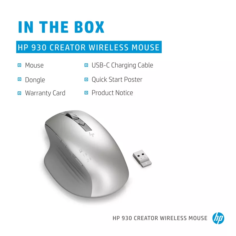 HP 930 Creator Ασύρματο Ποντίκι, Δεξιόχειρας, Bluetooth, 3000 DPI, Ασημί