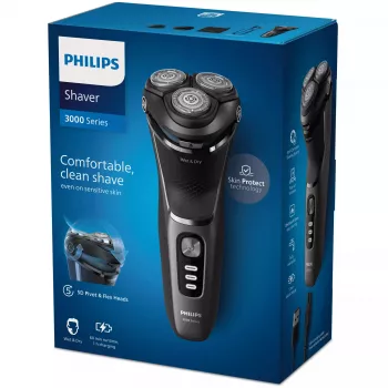 Ηλεκτρική ξυριστική μηχανή Philips 3000 Series S3343/13 — σύστημα περιστροφής 3 κεφαλών, υγρή & στεγνή χρήση, 60 λεπ. μπαταρία, λεπίδες PowerCut