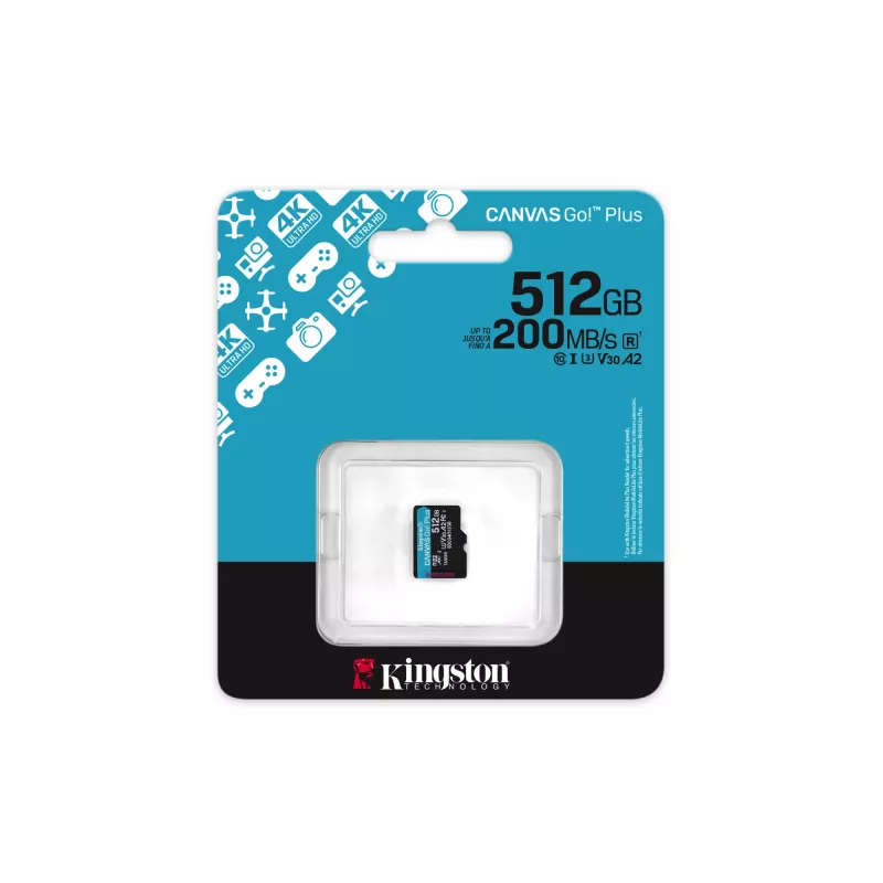 Kingston Technology 512GB microSDXC Canvas Go Plus Gen4 200R A2 U3 Ατομική συσκευασία χωρίς ADP