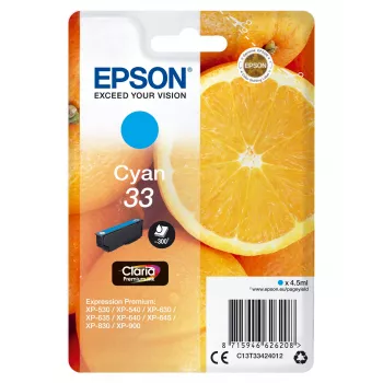 Epson Πορτοκαλί Ατομική συσκευασία Cyan 33 Claria Premium Μελάνι, Τυπική διάρκεια, Cyan, 4,5 ml, 1 τεμ., 300 σελίδες