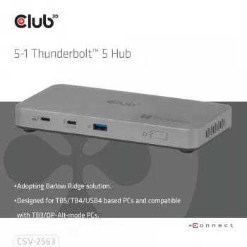 CLUB3D CSV-2563 5-1 Thunderbolt™ 5 Hub Τριπλό βίντεο 5K60Hz Thunderbolt™ Share Πιστοποιημένο 180 W
