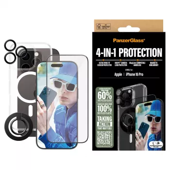 PanzerGlass ® Πακέτο προστασίας 4 σε 1 iPhone 16 Pro, Apple, Apple - iPhone 16 Pro, Στεγνή εφαρμογή, Ανθεκτικό στις γρατσουνιές, Ανθεκτικό στους κραδασμούς, Διάφανο, 1 τεμ.