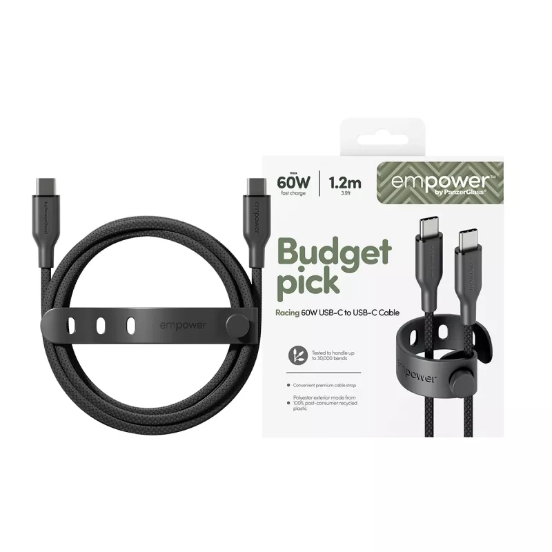 PanzerGlass empower™ by ® Racing 60W Καλώδιο USB-C σε USB-C | USB 2.0 | 1,2 m | Space Black