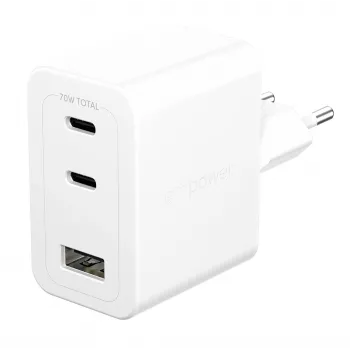 PanzerGlass empower™ by ® Turbo 70W Πολλαπλός Φορτιστής με 2 x USB-C + USB-A | Φις EU | Ασημί Λευκό