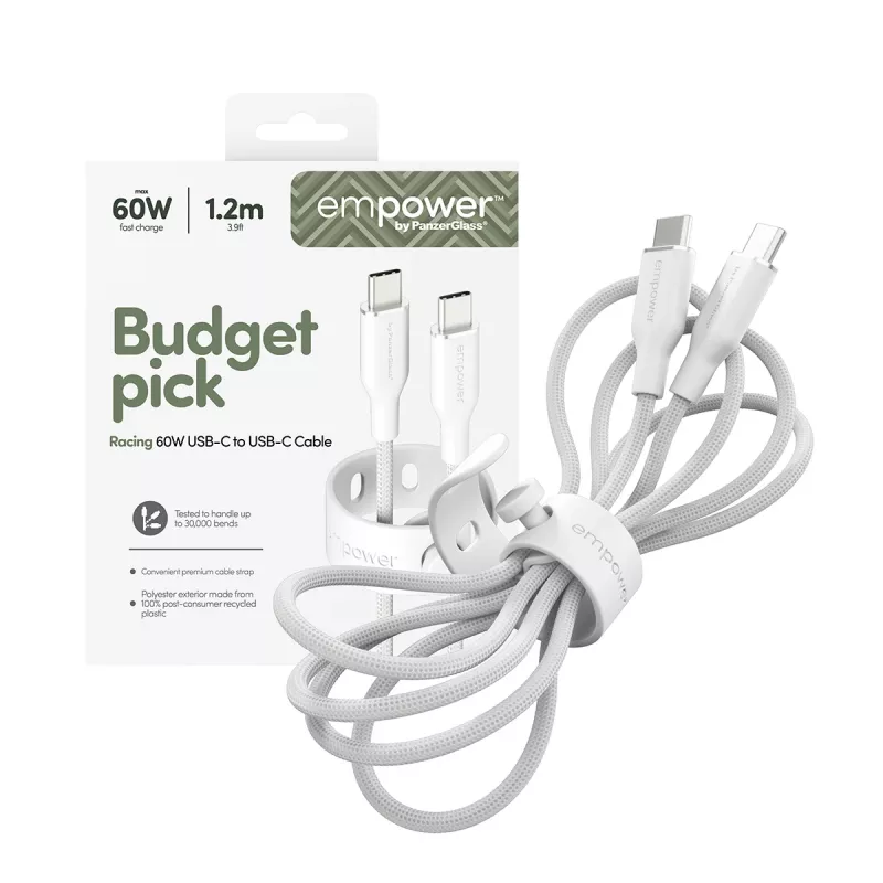 PanzerGlass empower™ by ® Racing 60W Καλώδιο USB-C σε USB-C | USB 2.0 | 1,2 m | Ασημί λευκό