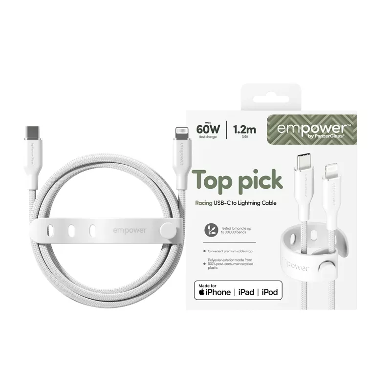 PanzerGlass empower™ by ® Racing 60W Καλώδιο USB-C σε Lightning | USB 2.0 | 1,2 m | Ασημί λευκό