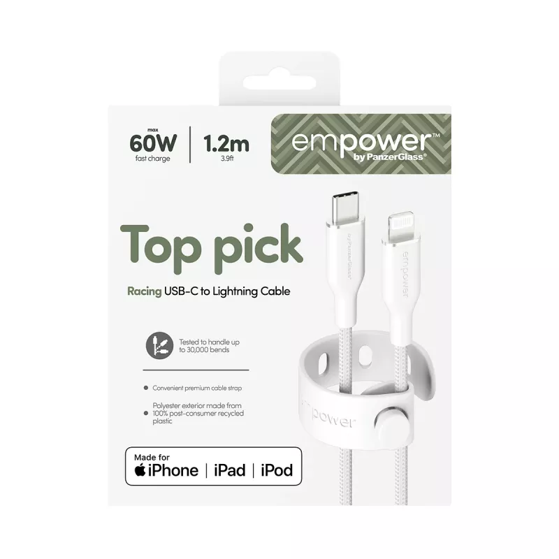 PanzerGlass empower™ by ® Racing 60W Καλώδιο USB-C σε Lightning | USB 2.0 | 1,2 m | Ασημί λευκό