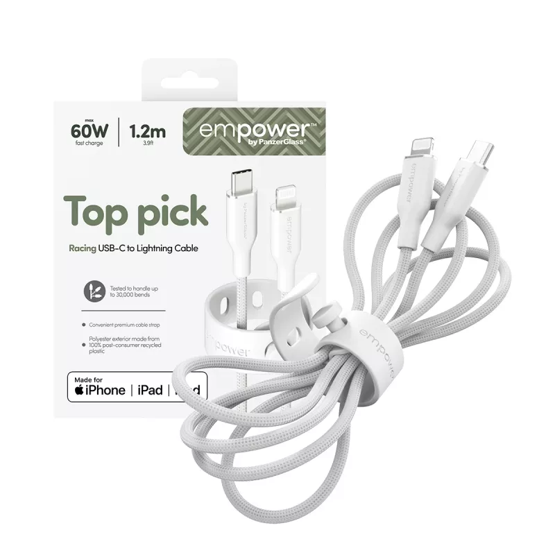 PanzerGlass empower™ by ® Racing 60W Καλώδιο USB-C σε Lightning | USB 2.0 | 1,2 m | Ασημί λευκό