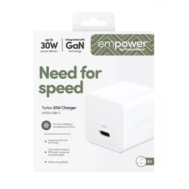 PanzerGlass empower™ by ® Φορτιστής Turbo 30W Single USB-C | EU Plug | Ασημί Λευκό