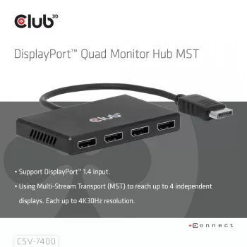 CLUB3D Quad DisplayPort™ Hub – 4 x 4K Ανάλυση @ 30Hz, Υποστήριξη MST