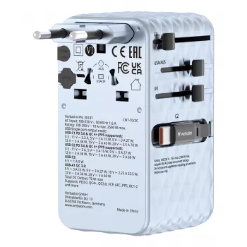 Verbatim Charge 'n' Travel 70W 2C retractable Universal Travel Adapter μπλε