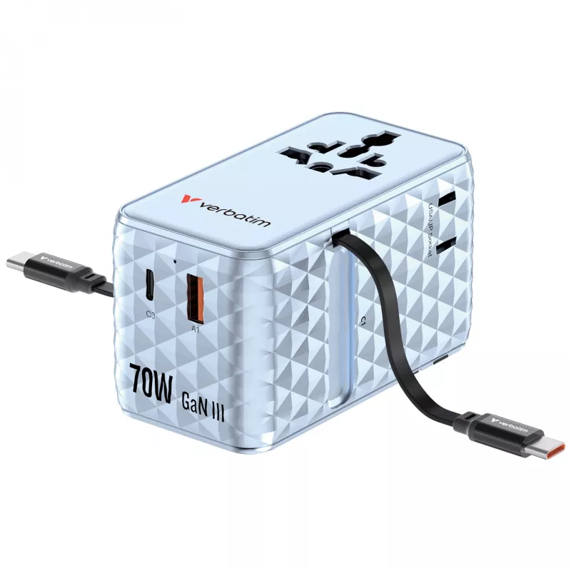 Verbatim Charge 'n' Travel 70W 2C retractable Universal Travel Adapter μπλε