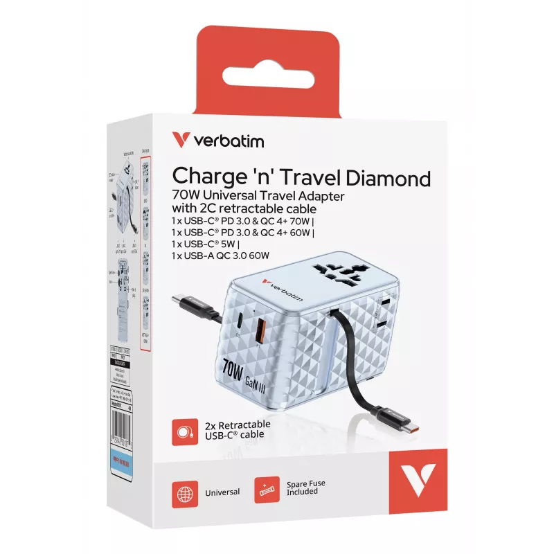 Verbatim Charge 'n' Travel 70W 2C retractable Universal Travel Adapter μπλε