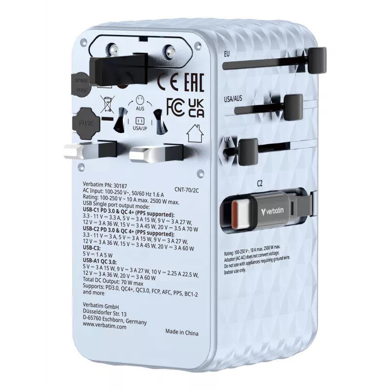 Verbatim Charge 'n' Travel 70W 2C retractable Universal Travel Adapter μπλε