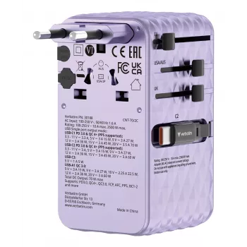 Verbatim Charge 'n' Travel 70W 2C retractable Universal Travel Adapter μωβ