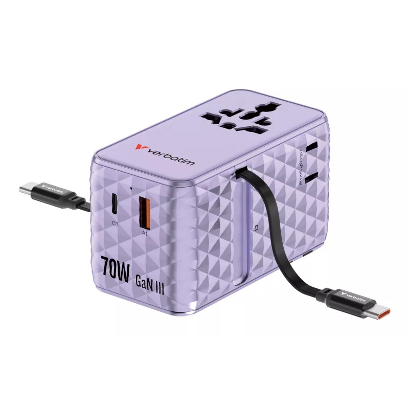 Verbatim Charge 'n' Travel 70W 2C retractable Universal Travel Adapter μωβ