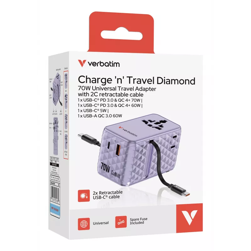Verbatim Charge 'n' Travel 70W 2C retractable Universal Travel Adapter μωβ