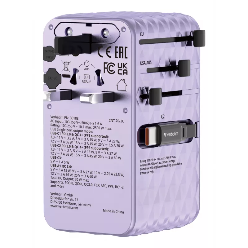 Verbatim Charge 'n' Travel 70W 2C retractable Universal Travel Adapter μωβ