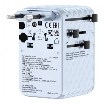 Verbatim Charge 'n' Travel 100W Universal Travel Adapter με συρόμενο καλώδιο μπλε
