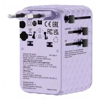 Verbatim Charge 'n' Travel 100W Universal Travel Adapter με συρόμενο καλώδιο μωβ