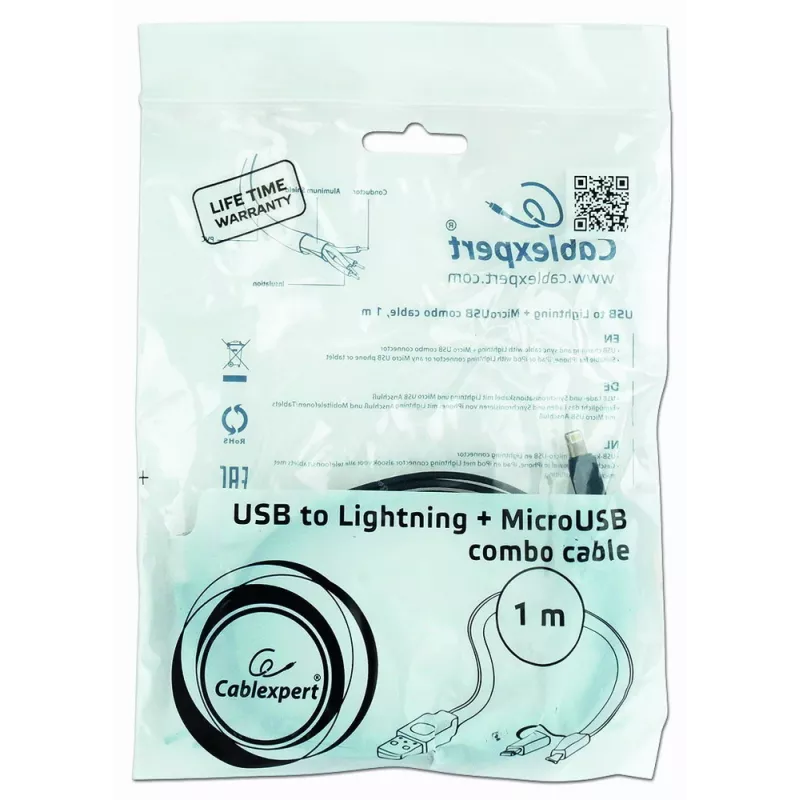 GEMBIRD Καλώδιο φόρτισης USB σε Apple Lightning και Micro-USB combo 1m - Μαύρο